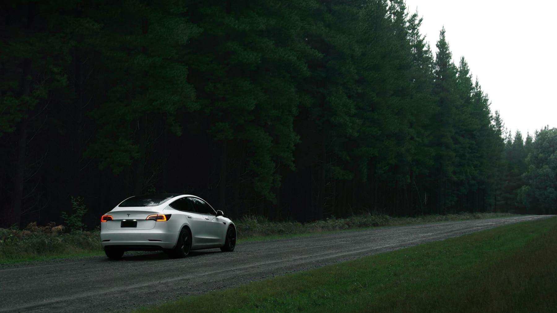 A car on a country road through the trees